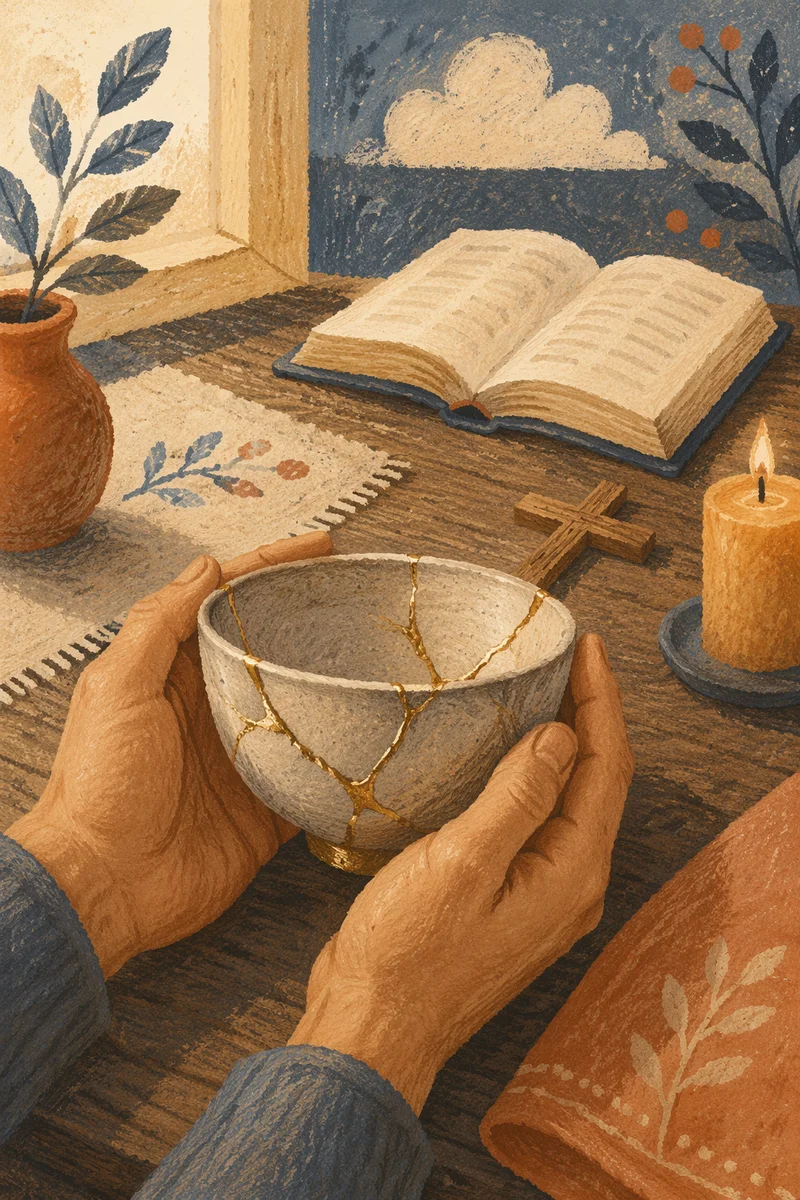 Hands Holding Kintsugi Bowl in Prayer Corner