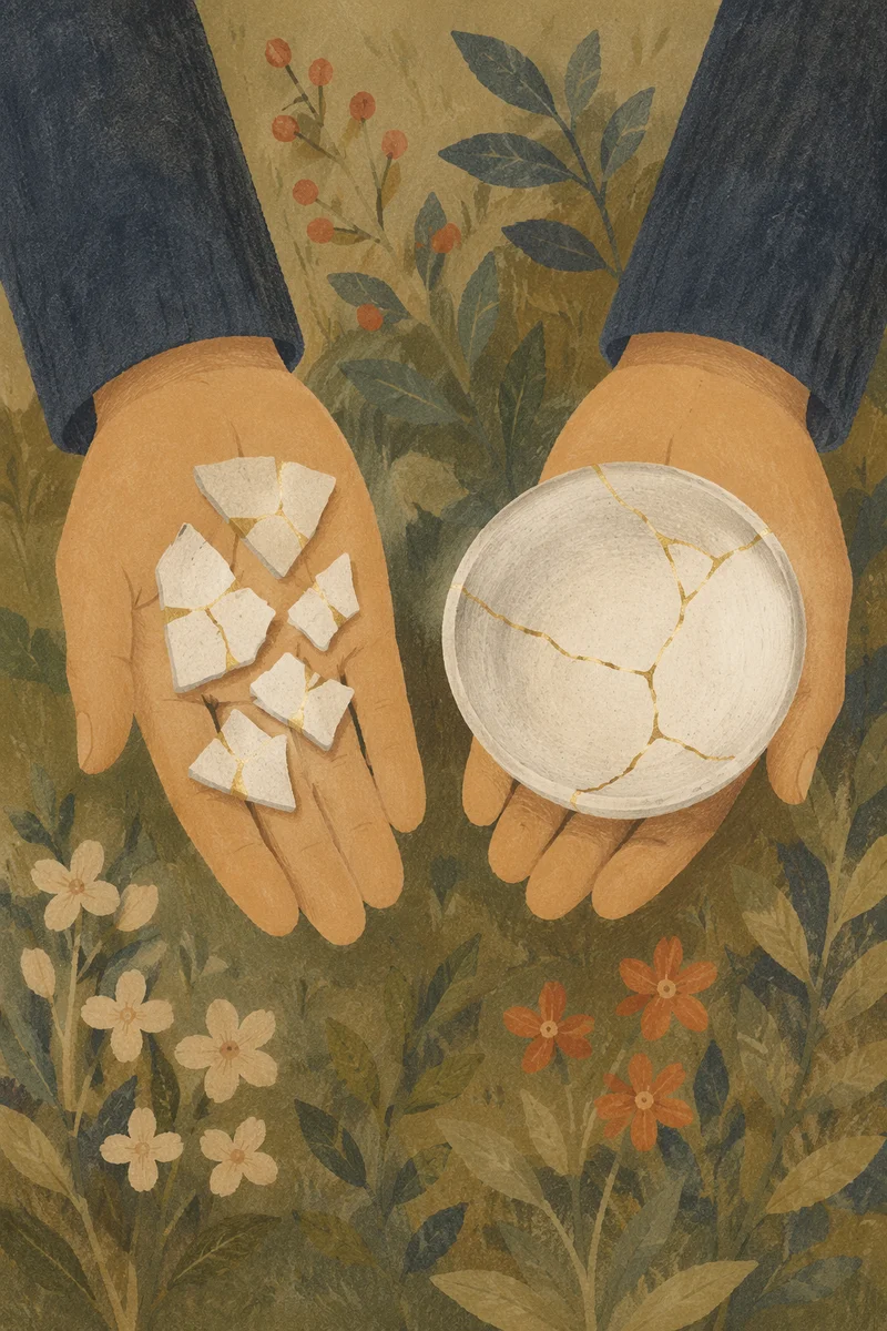 Hands Holding Kintsugi Pottery in Garden