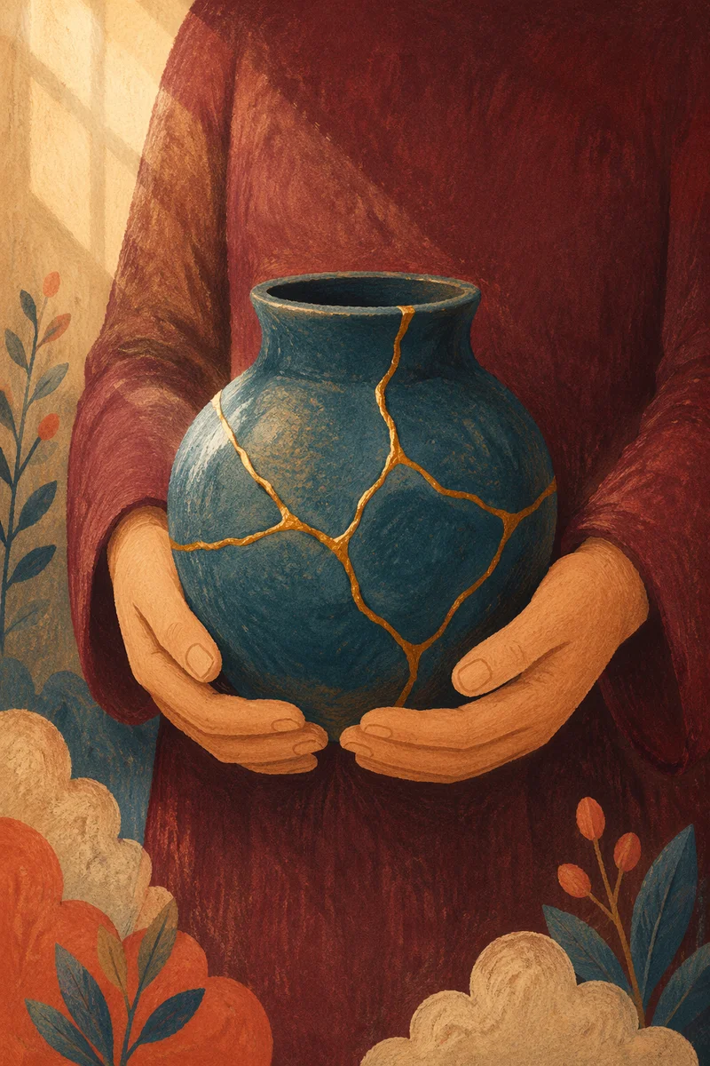 Hands Holding Kintsugi Pottery of Hope
