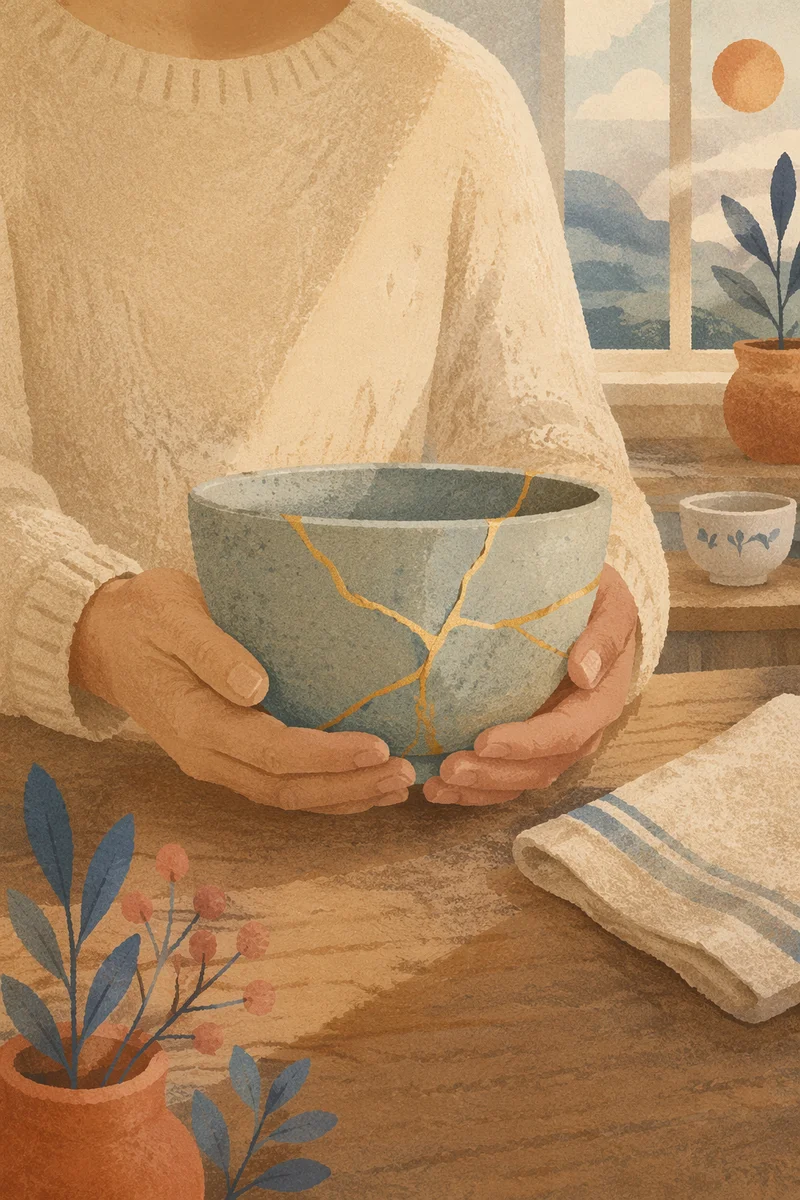 Hands Holding Kintsugi Bowl in Morning Light