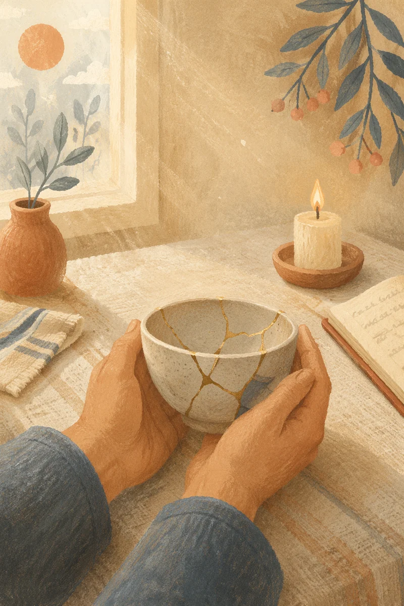 Hands Holding Kintsugi Bowl in Morning Light