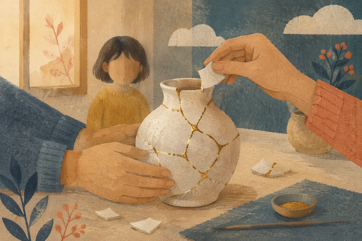 Hands Repairing Broken Vase With Gold Kintsugi