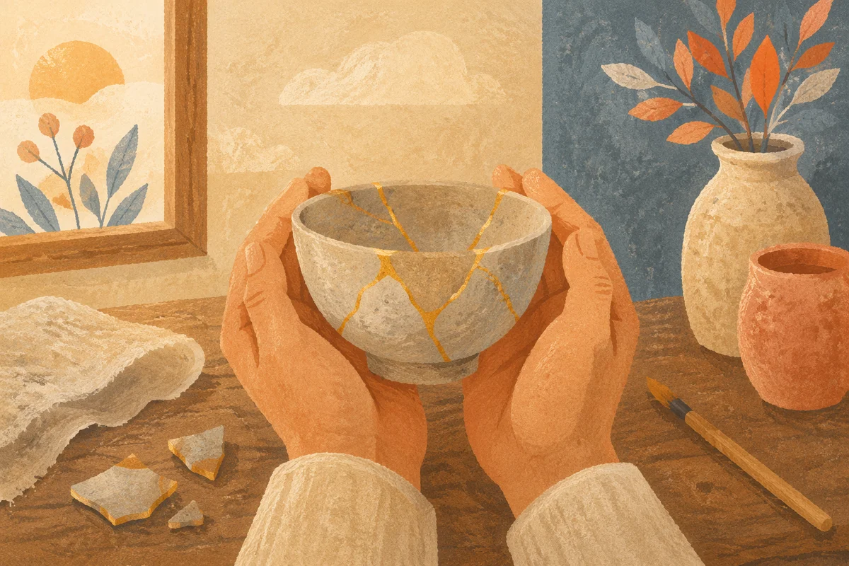 Hands Holding Kintsugi Repaired Pottery Bowl