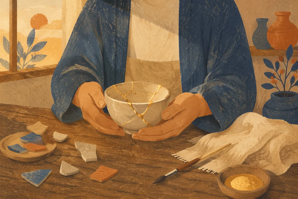 Hands Holding Kintsugi Repaired Broken Pottery