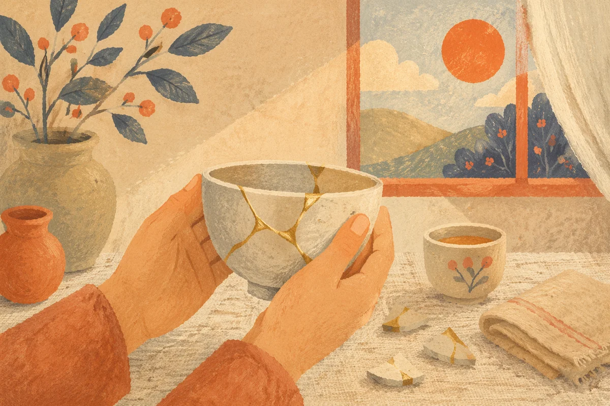 Hands Holding Kintsugi Repaired Pottery Bowl
