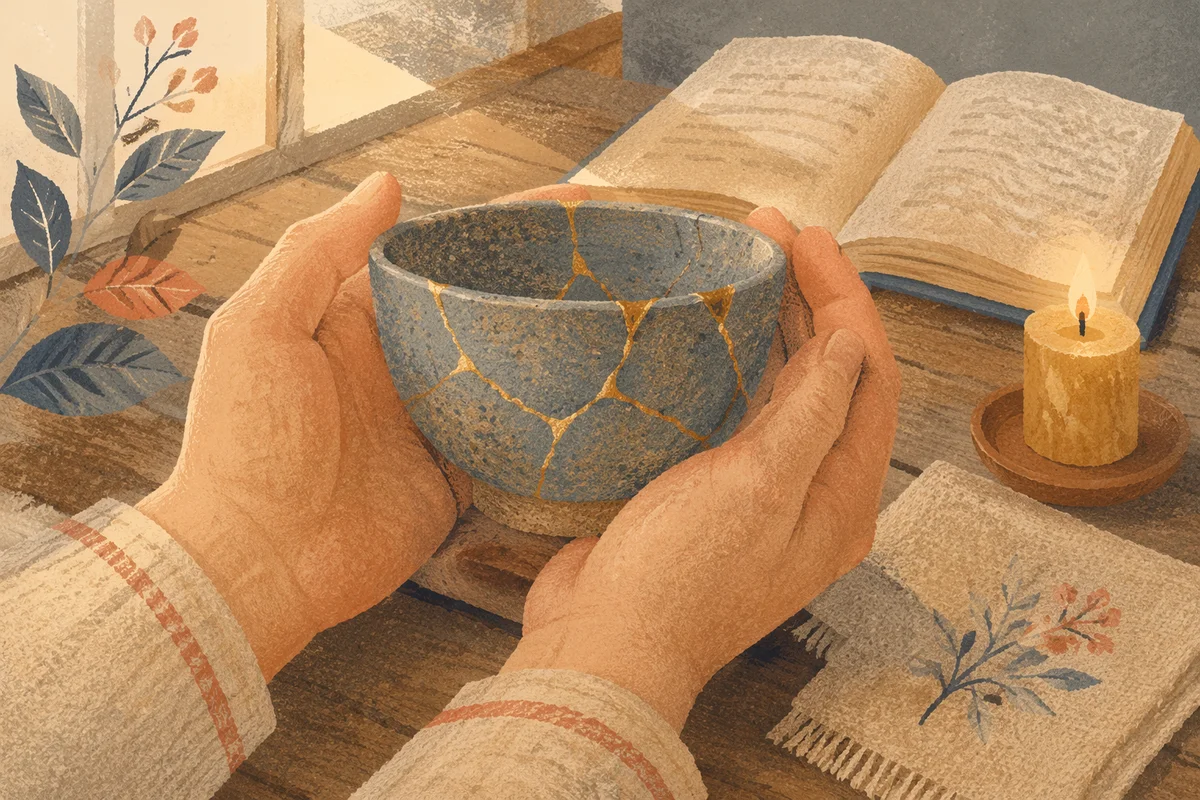 Hands Holding Kintsugi Bowl in Prayer Corner