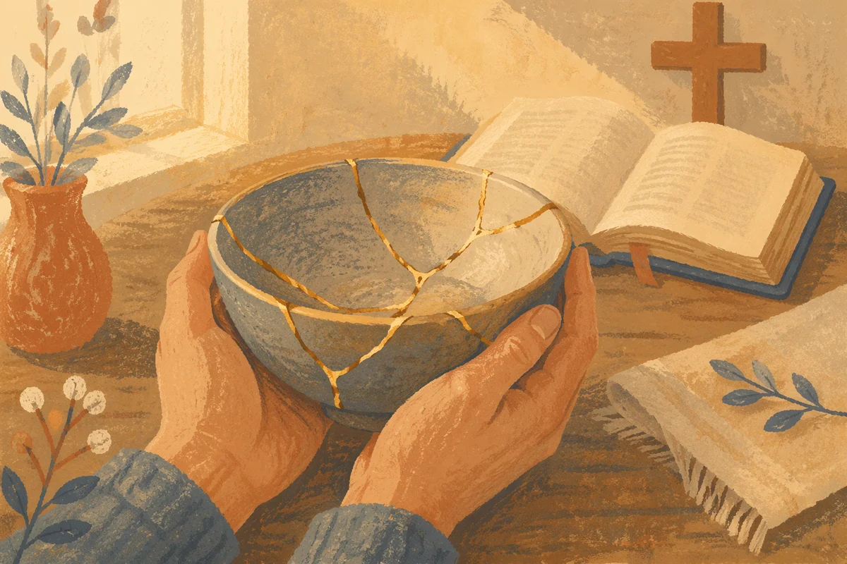 Hands Holding Kintsugi Bowl in Morning Devotion