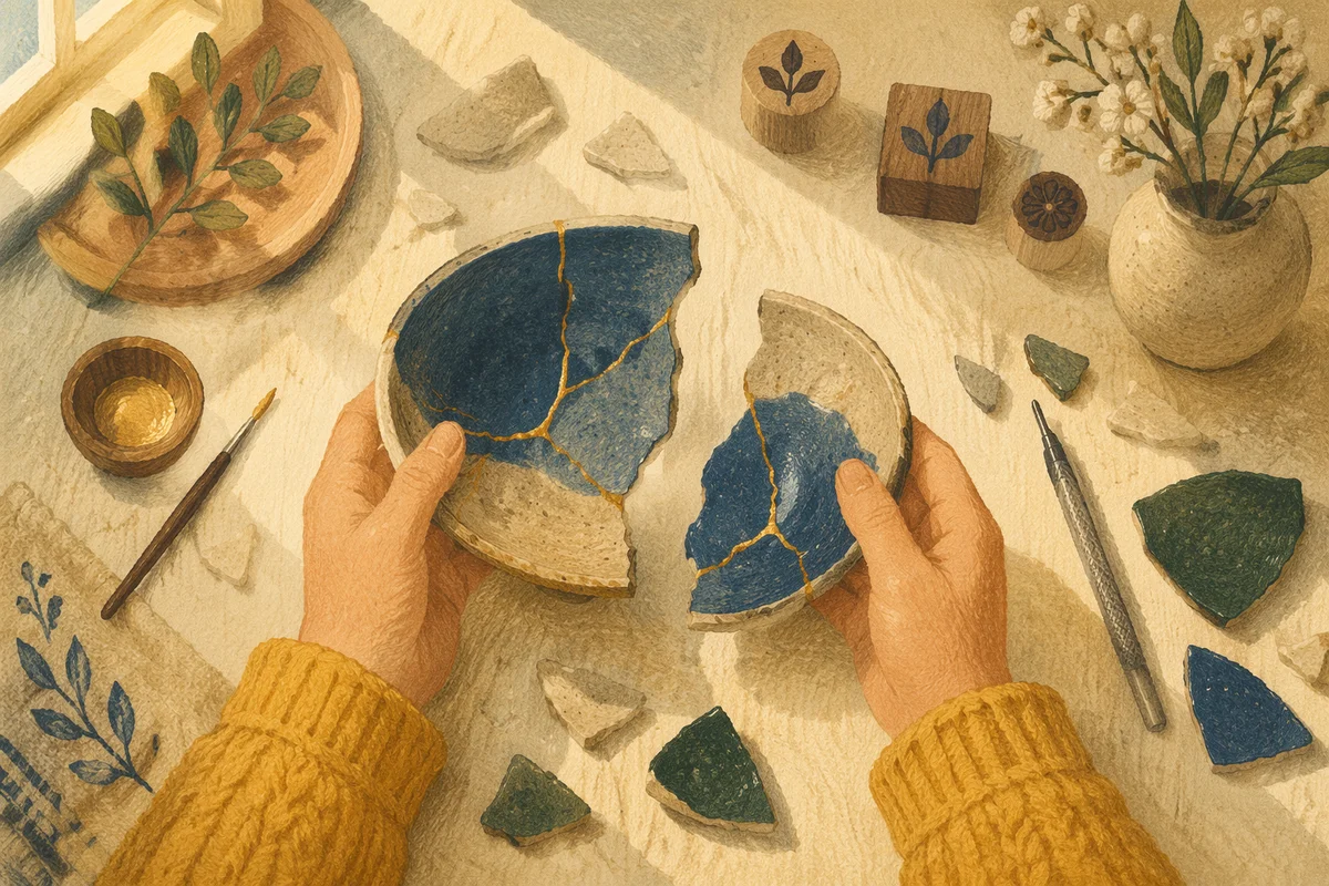 Hands Holding Broken Pottery for Kintsugi