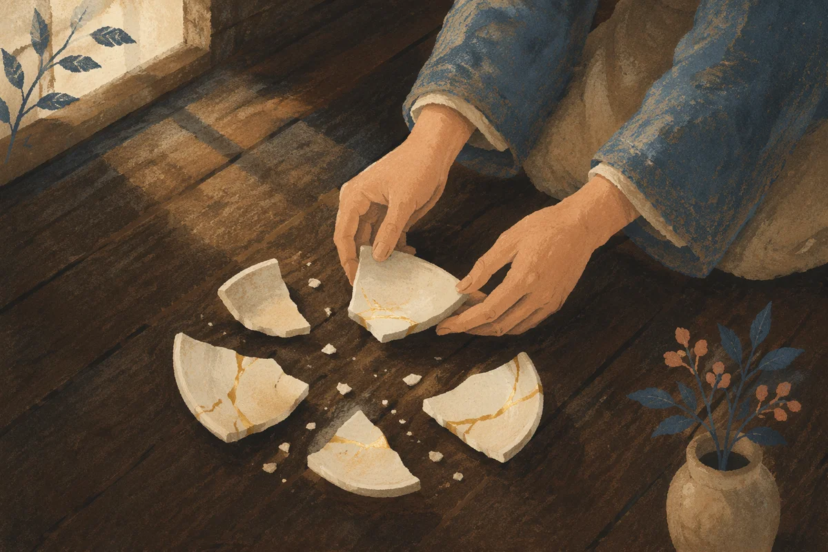Hands Holding Broken Pottery for Kintsugi