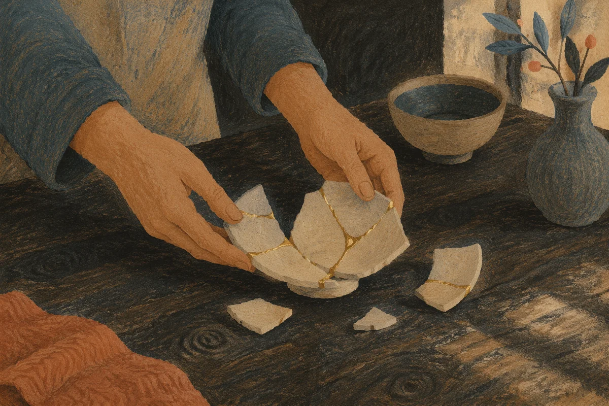 Hands Holding Broken Pottery with Kintsugi