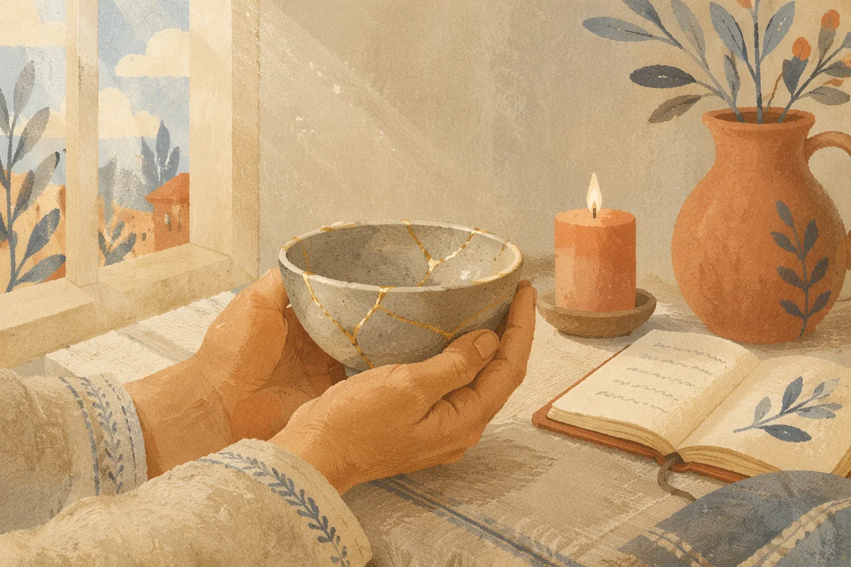 Hands Holding Kintsugi Bowl in Morning Light