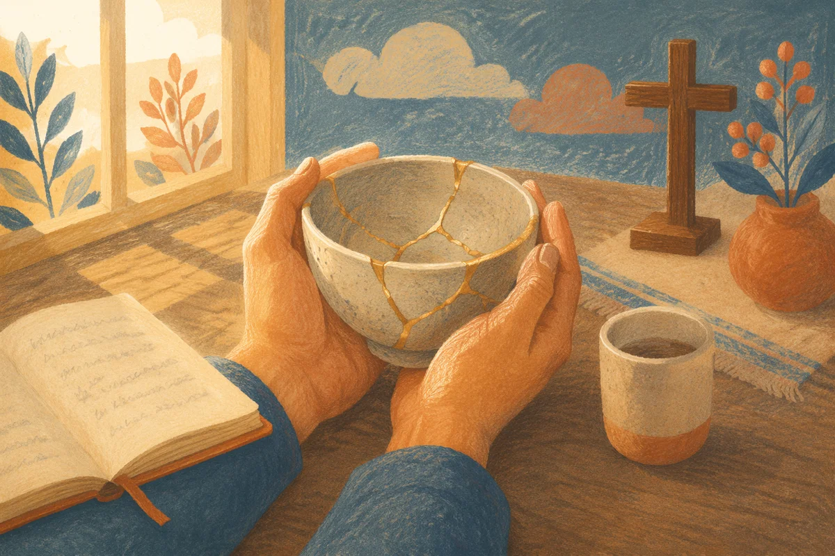 Hands Holding Kintsugi Bowl in Prayer Corner