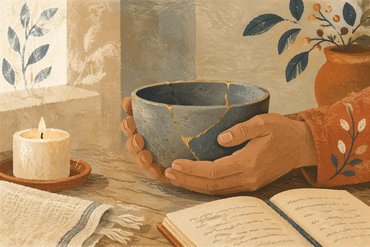 Hands Holding Kintsugi Bowl in Morning Light