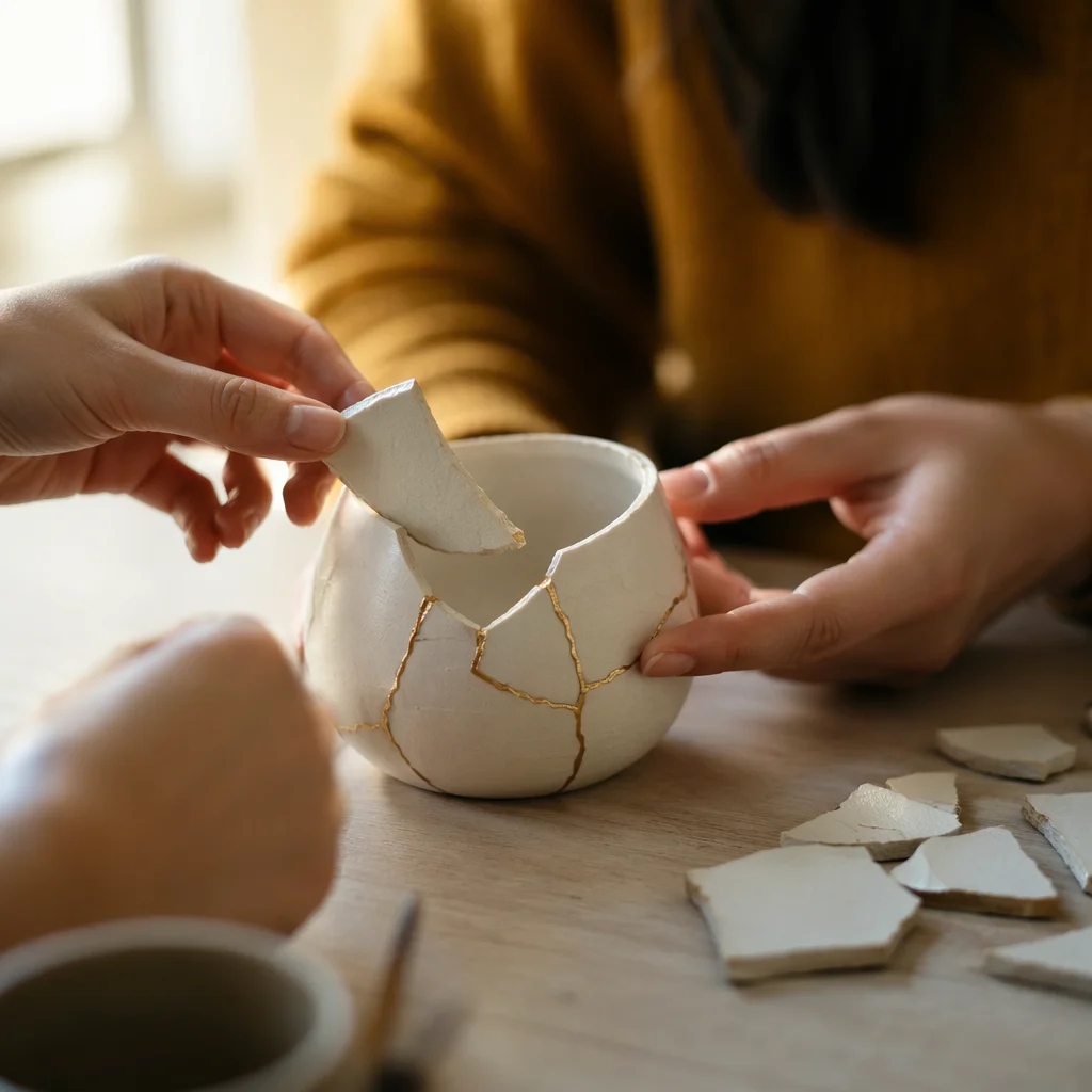 Hands Repairing Kintsugi Ceramic Vessel