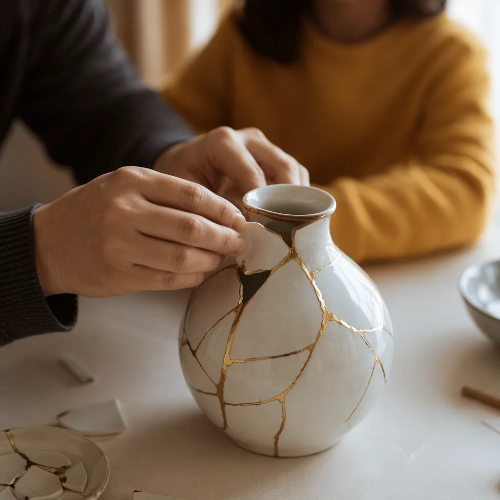 Hands Repairing Broken Vase With Gold Kintsugi