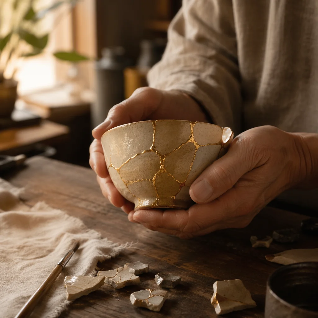 Hands Holding Kintsugi Repaired Pottery Bowl