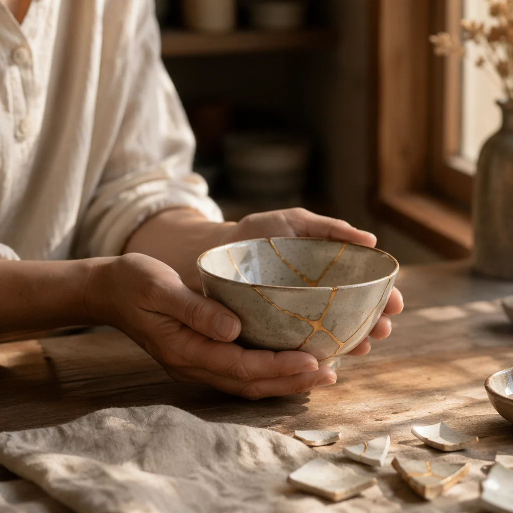 Hands Holding Kintsugi Repaired Pottery Bowl