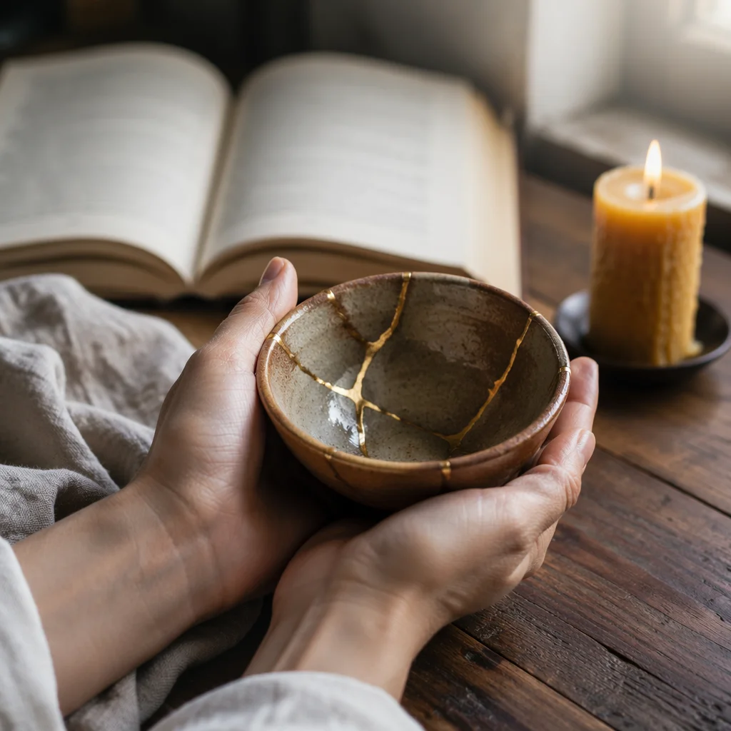Hands Holding Kintsugi Bowl in Prayer Corner