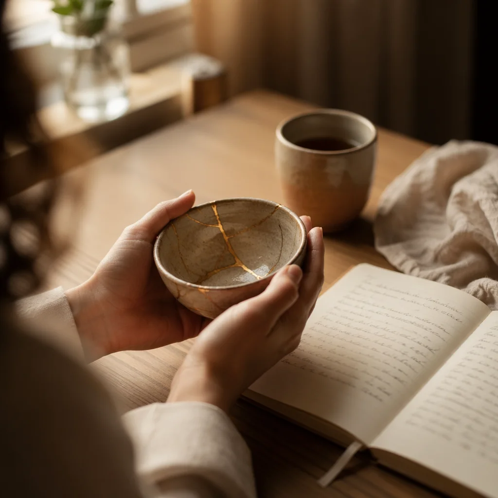 Hands Holding Kintsugi Bowl in Morning Light