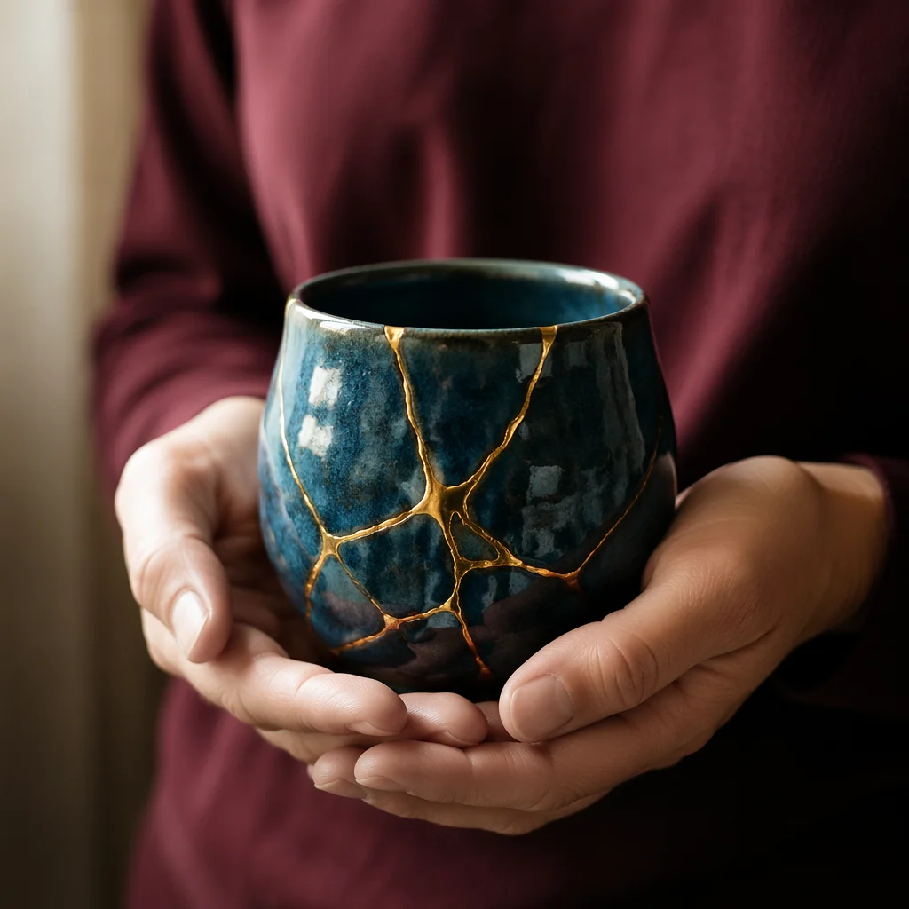 Hands Holding Kintsugi Repaired Teal Pottery