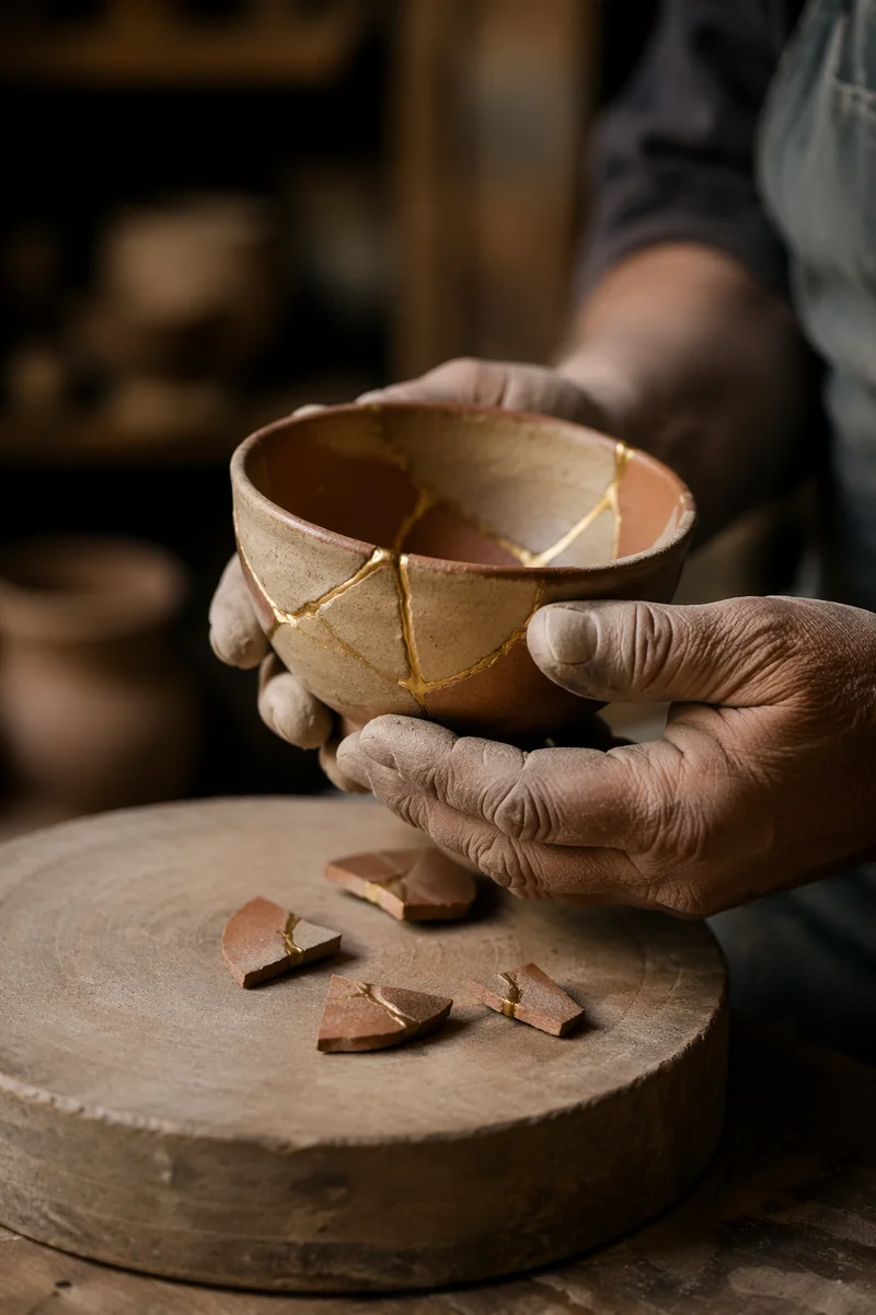 Hands Holding Kintsugi Repaired Ceramic Bowl