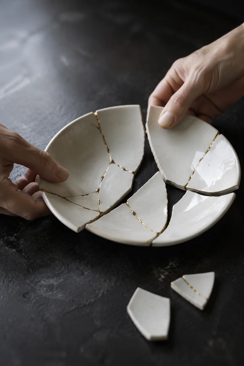 Hands Restoring Broken Pottery With Gold Kintsugi