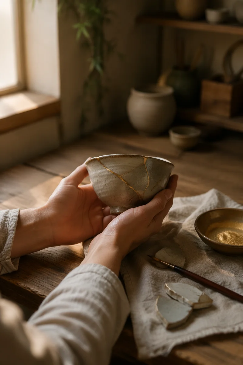 Hands Holding Kintsugi Repaired Ceramic Bowl