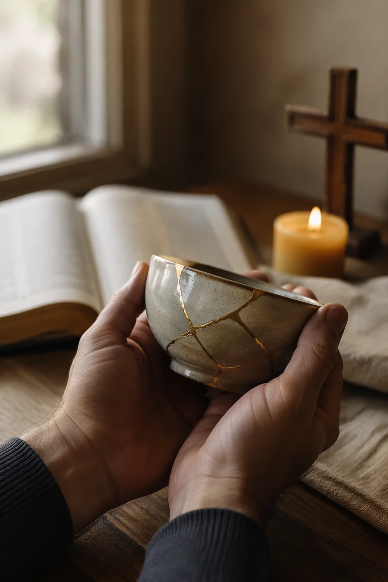 Hands Holding Kintsugi Bowl in Prayer Corner