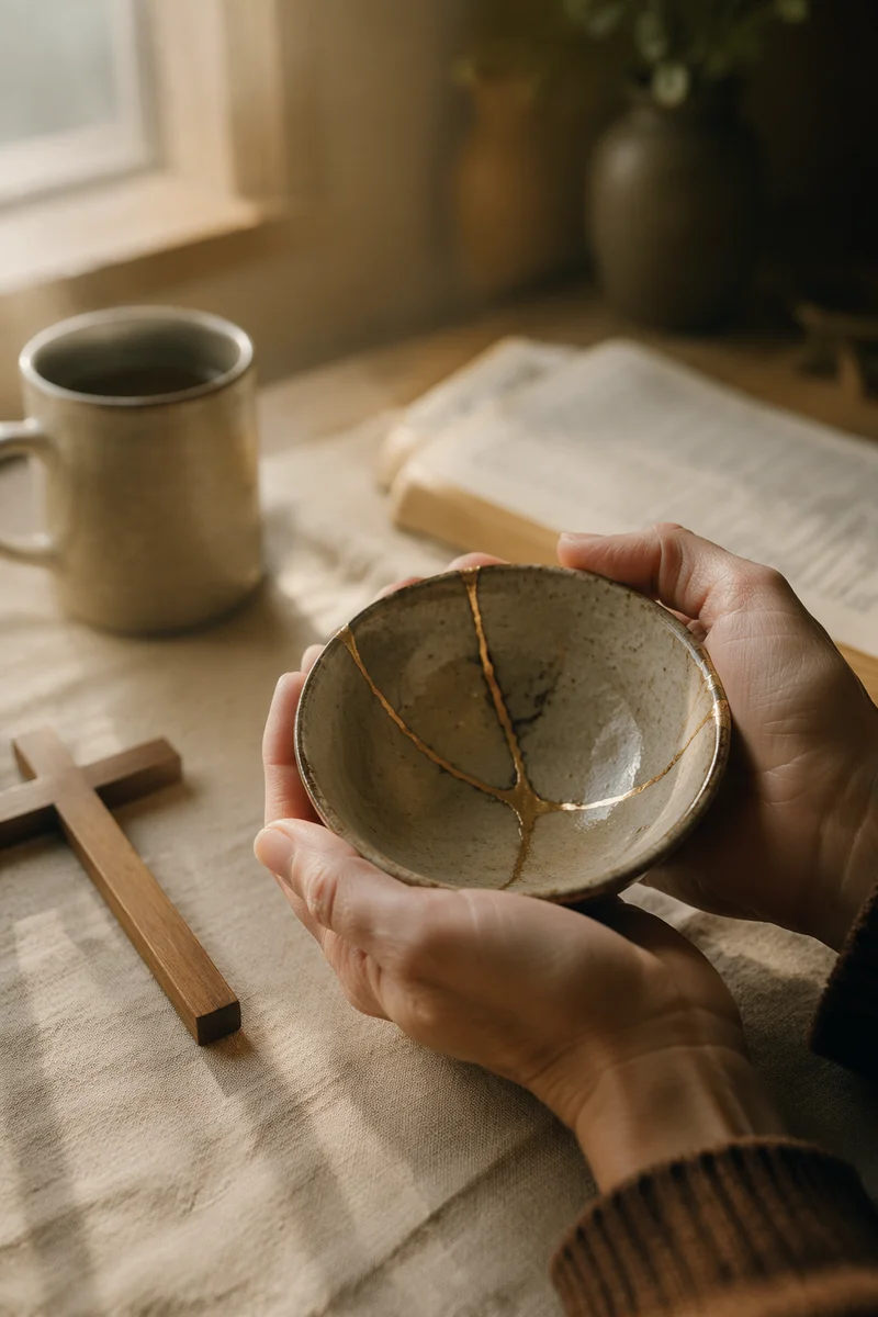 Hands Holding Kintsugi Bowl Beside Cross