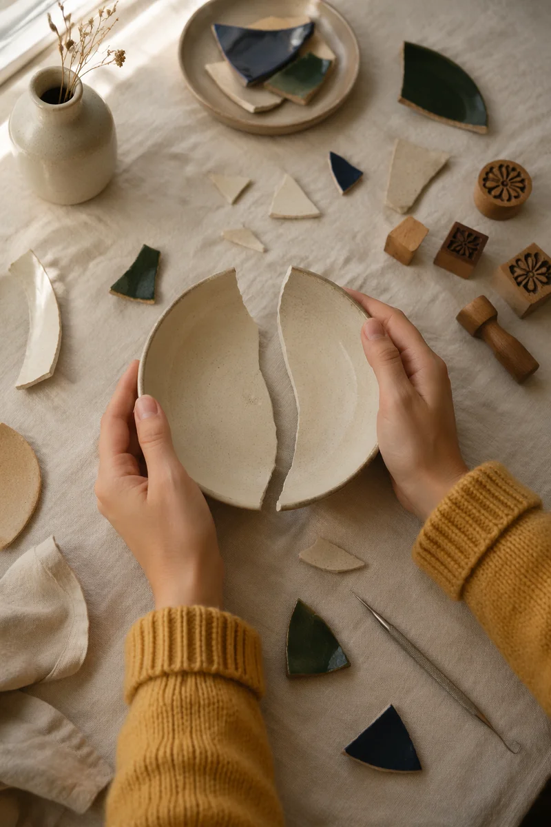 Hands Holding Broken Pottery in Kintsugi Moment