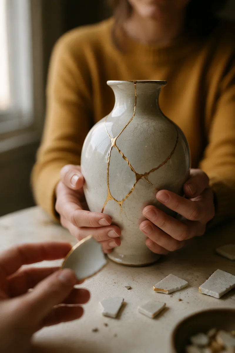 Hands Repairing Broken Pottery with Kintsugi