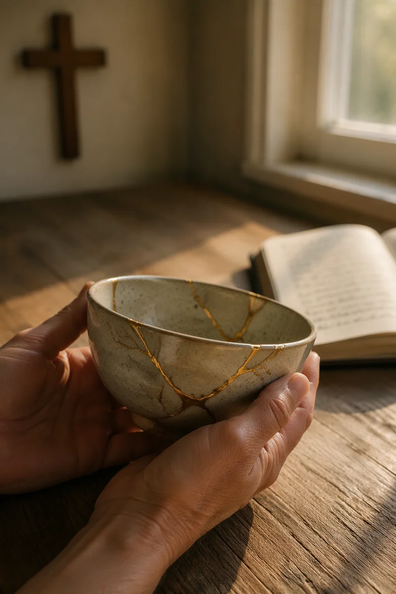 Hands Holding Kintsugi Bowl in Morning Grace