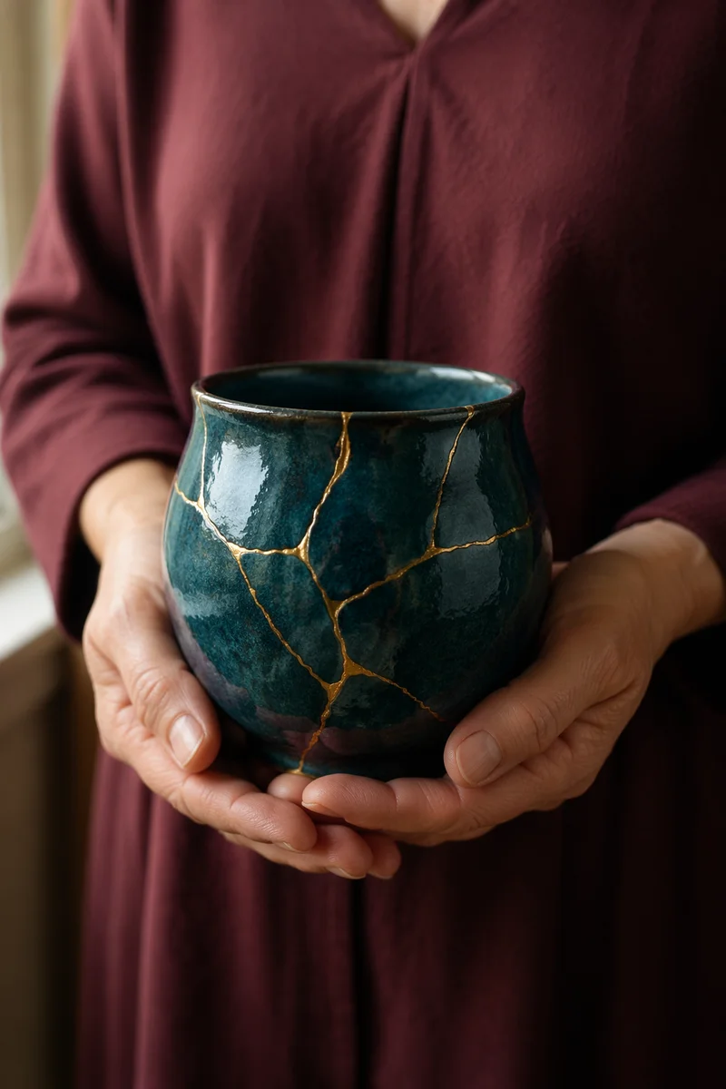 Hands Holding Kintsugi Pottery of Hope