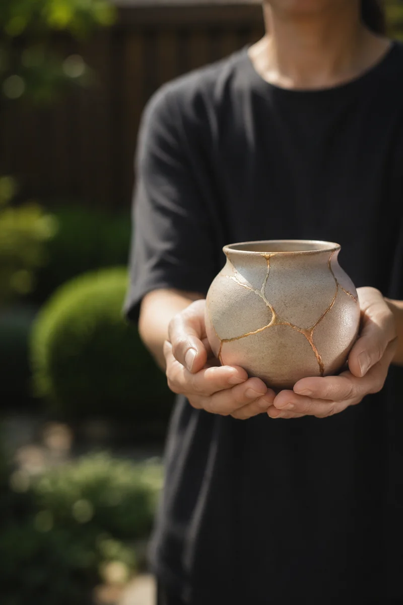 Hands Holding Kintsugi Pottery in Gentle Hope