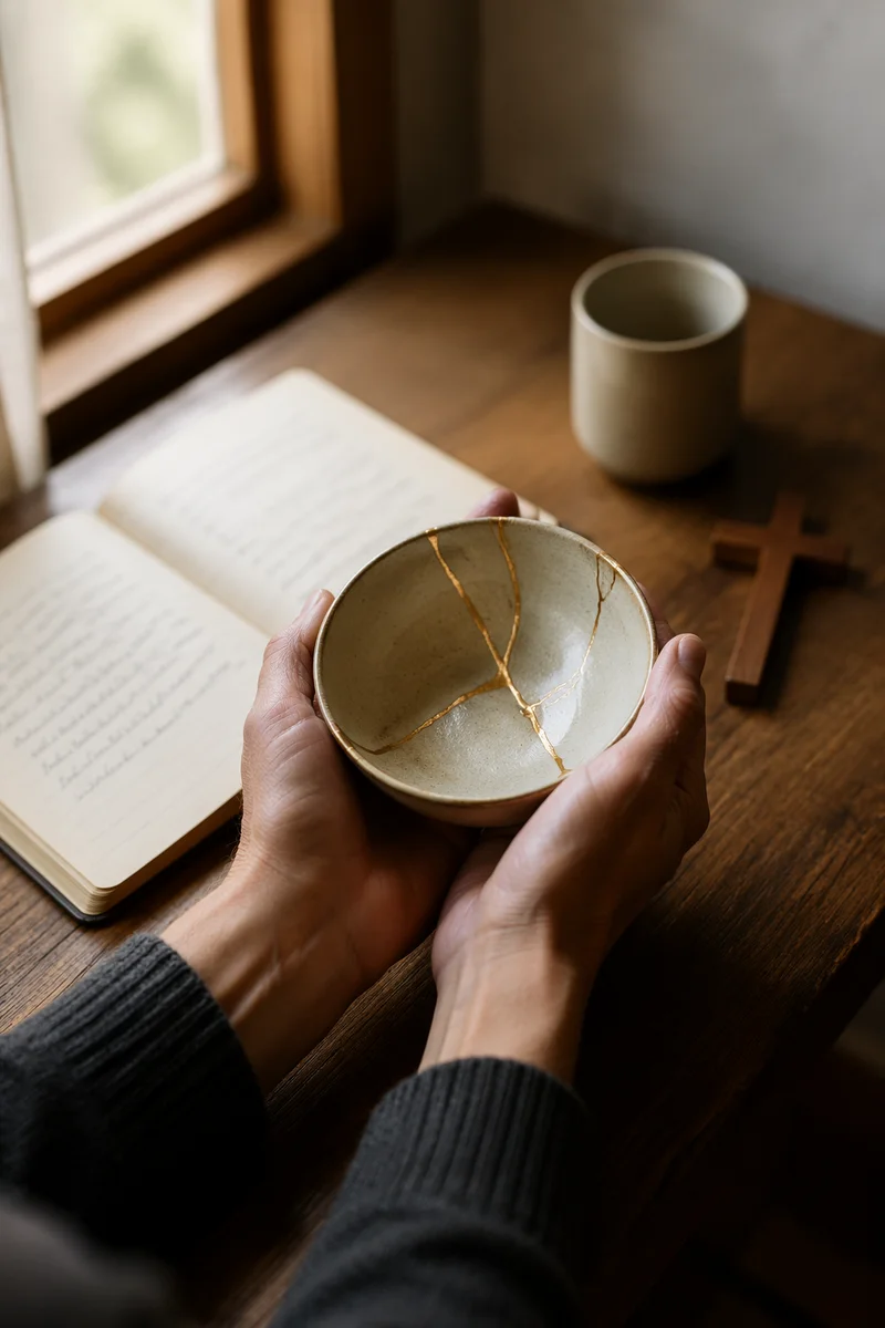 Hands Holding Kintsugi Bowl in Prayer Corner