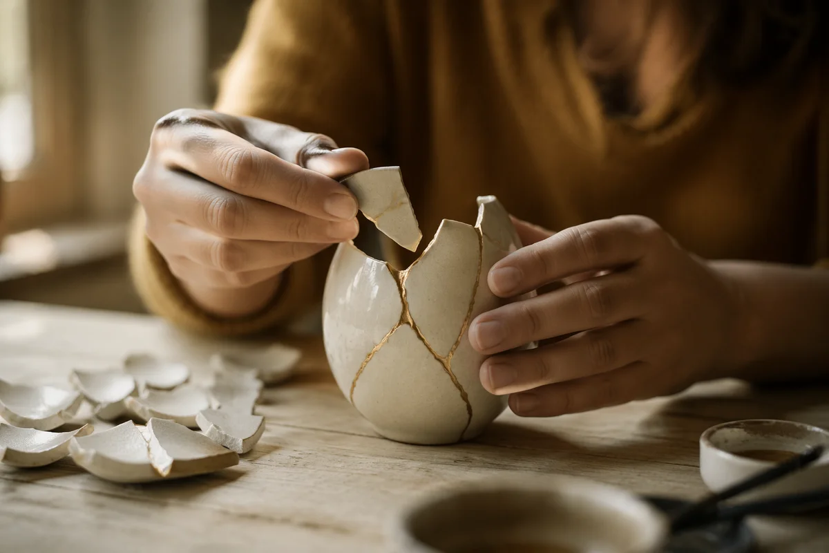 Hands Repairing a Kintsugi Ceramic Vessel