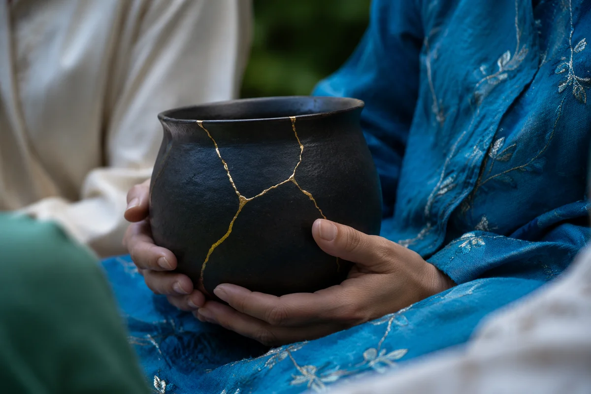 Hands Holding Kintsugi Pottery in Turquoise Fabric