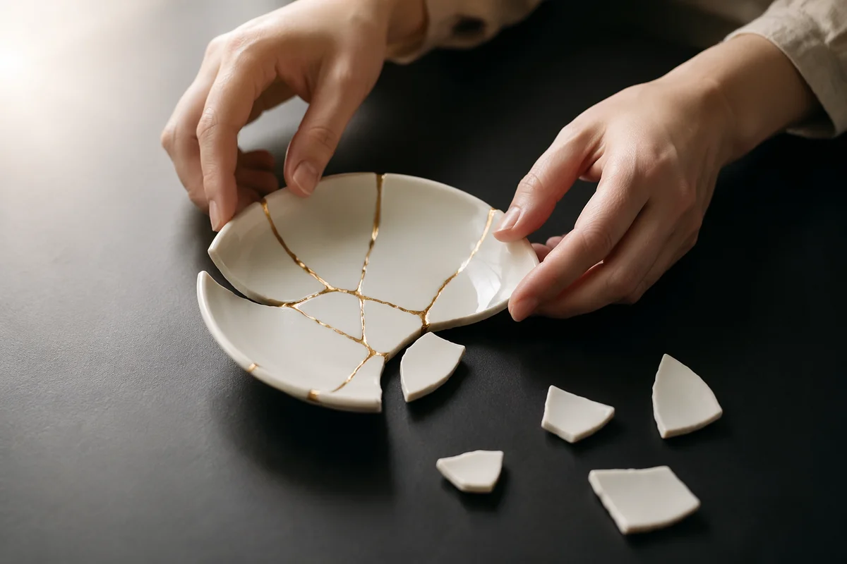 Gentle Hands Restoring Broken Pottery With Gold