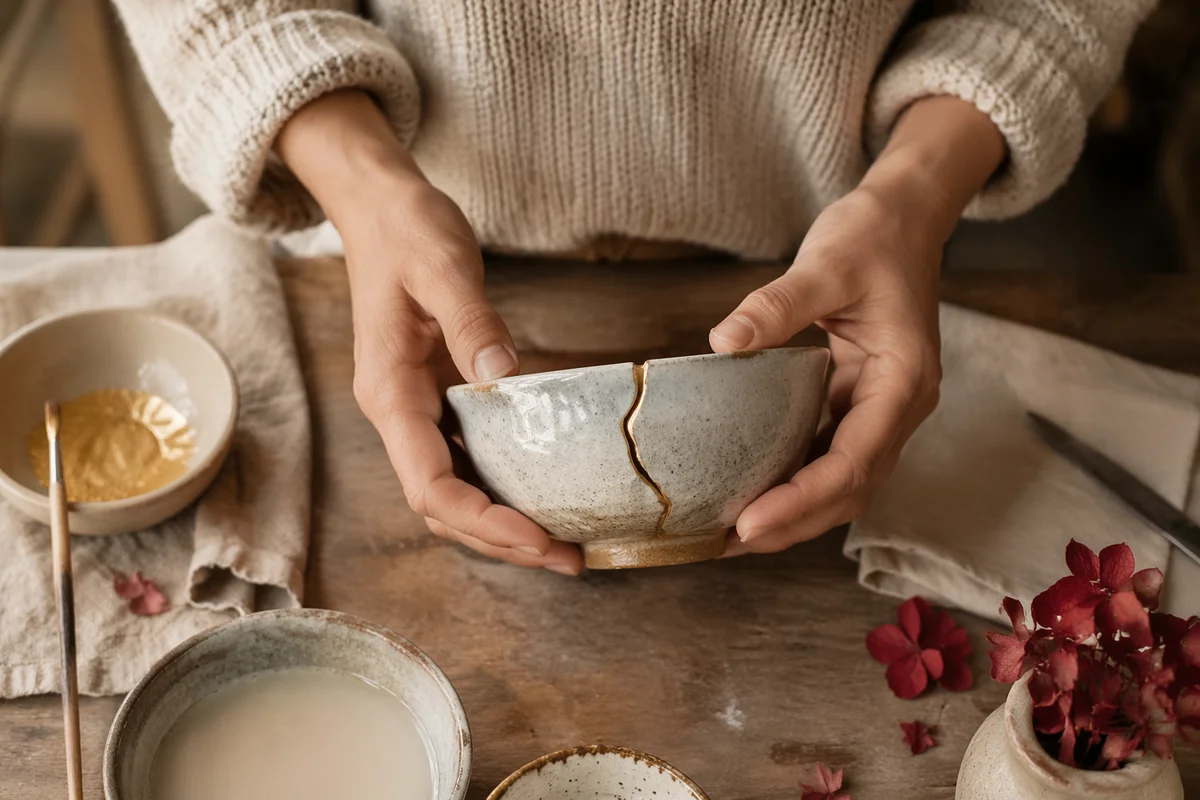 Hands Holding Kintsugi Repaired Pottery