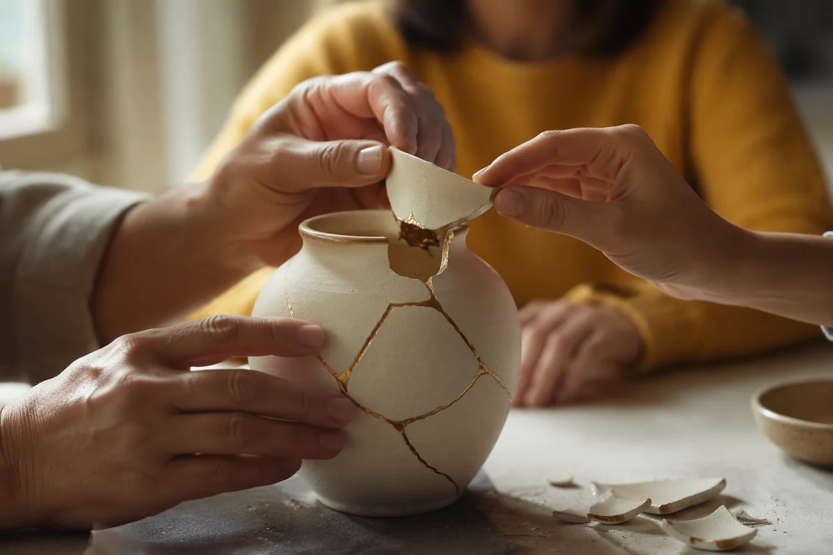 Hands Restoring Broken Vase with Gold Kintsugi