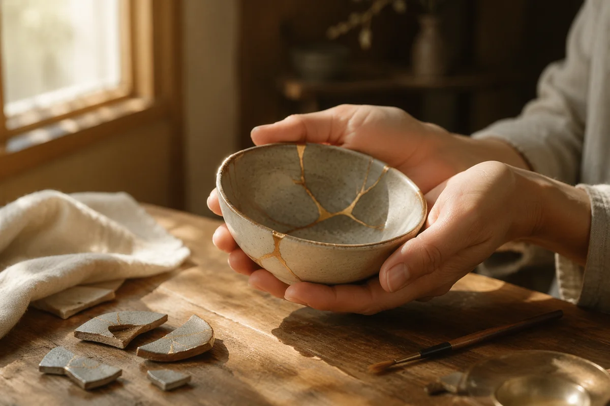 Hands Holding Kintsugi Repaired Ceramic Bowl