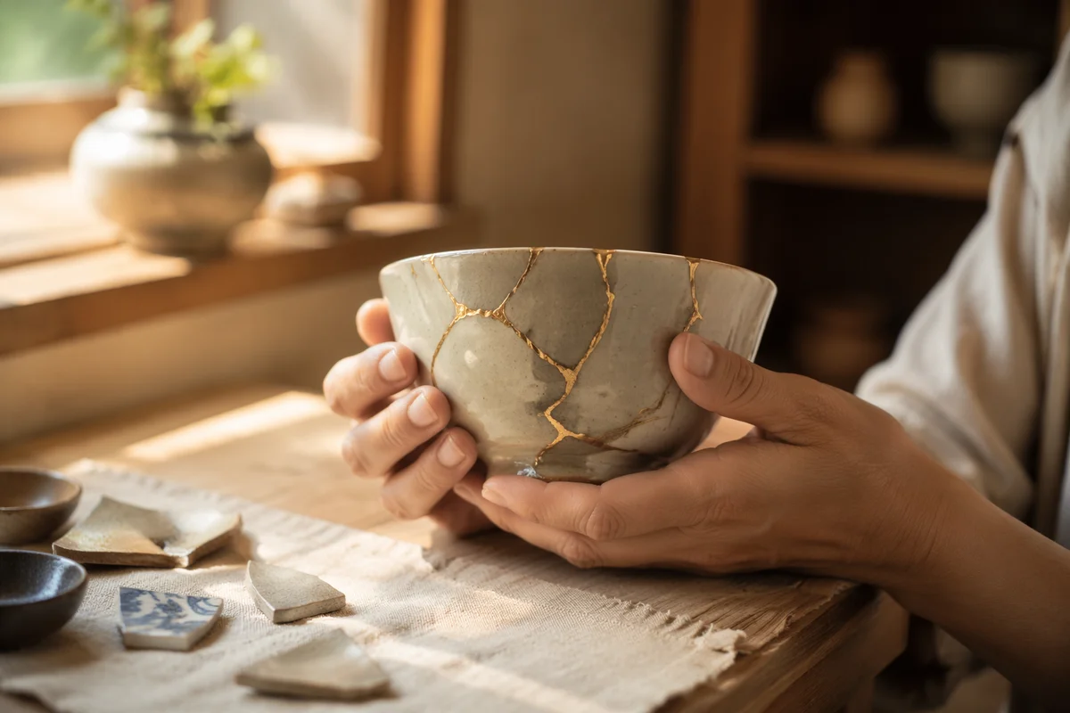Hands Holding Kintsugi Repaired Pottery Bowl