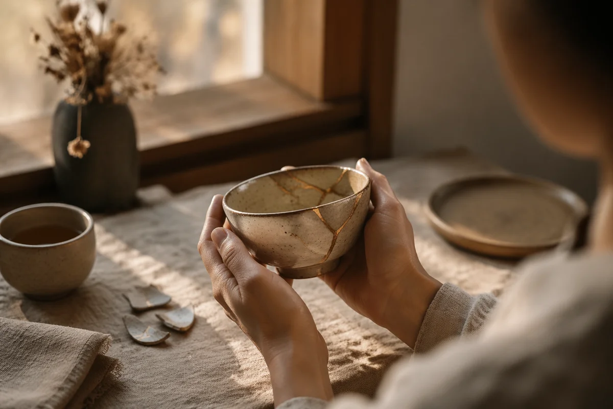 Hands Holding Kintsugi Repaired Pottery Bowl
