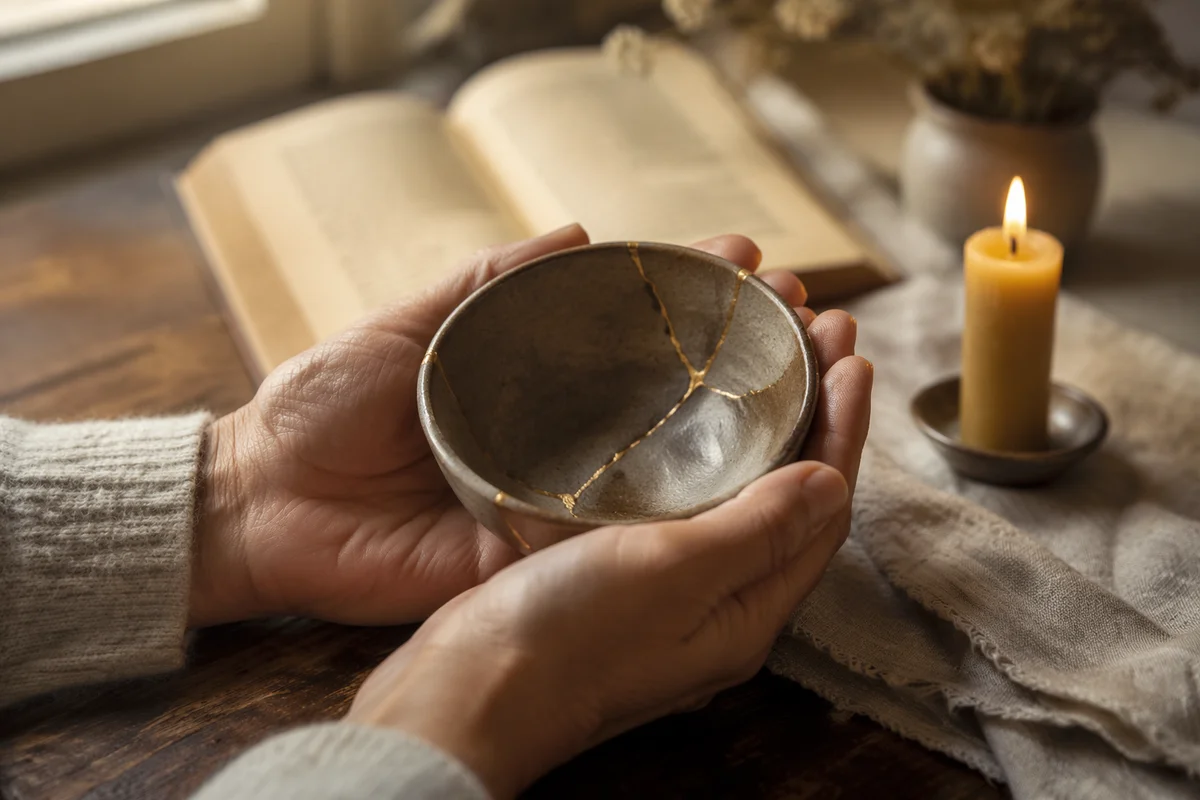 Hands Holding Kintsugi Bowl in Prayer