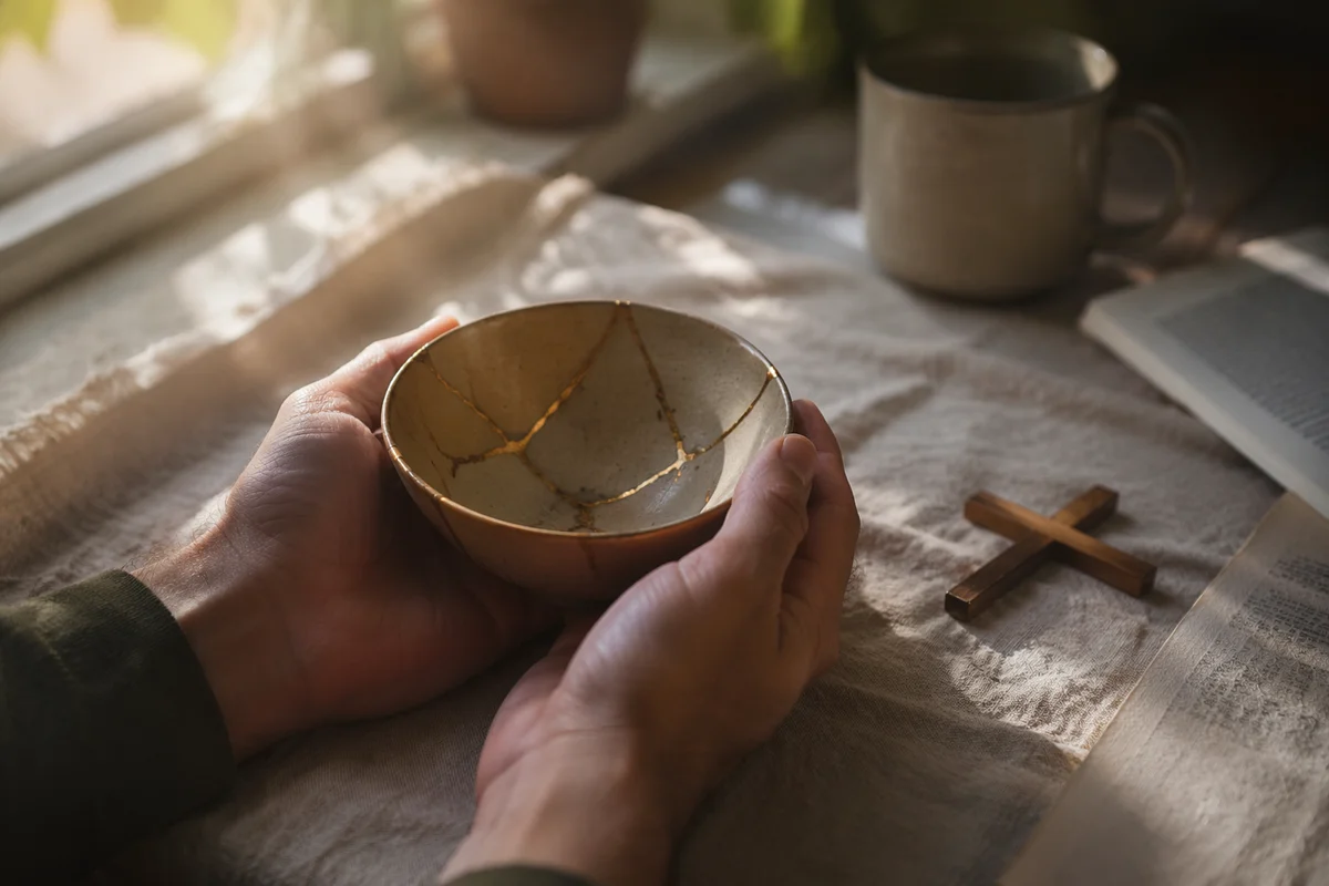 Hands Holding Kintsugi Bowl of Healing Faith