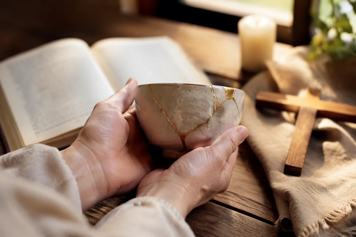Hands Holding Kintsugi Bowl in Morning Prayer