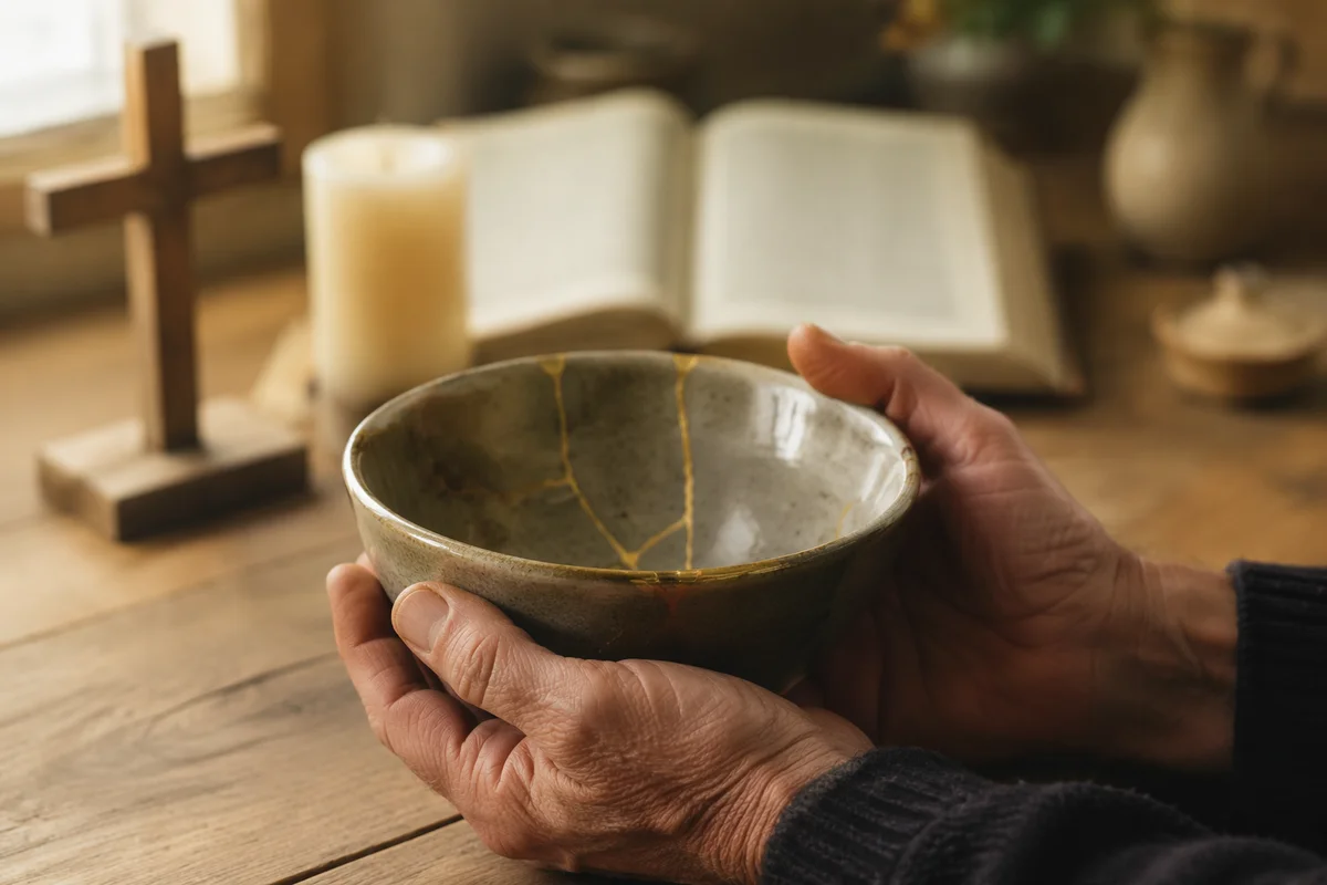 Hands Holding Kintsugi Bowl in Morning Light