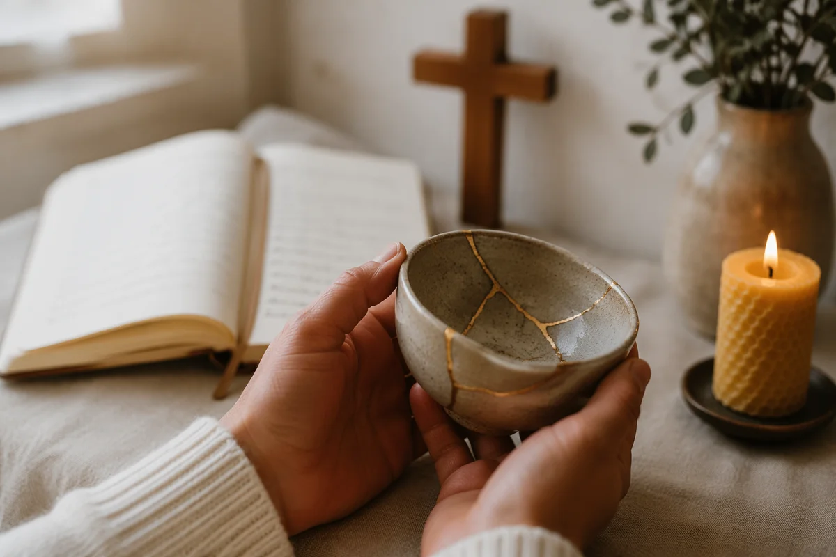 Hands Holding Kintsugi Bowl in Prayer Corner