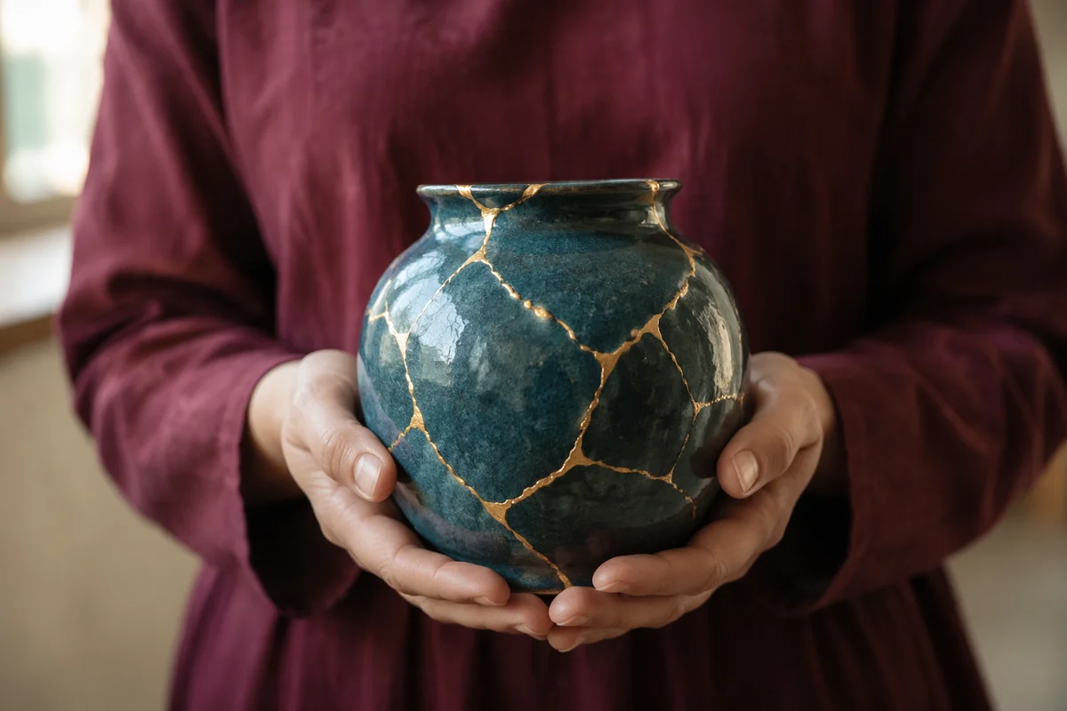 Hands Holding Kintsugi Pottery of Hope
