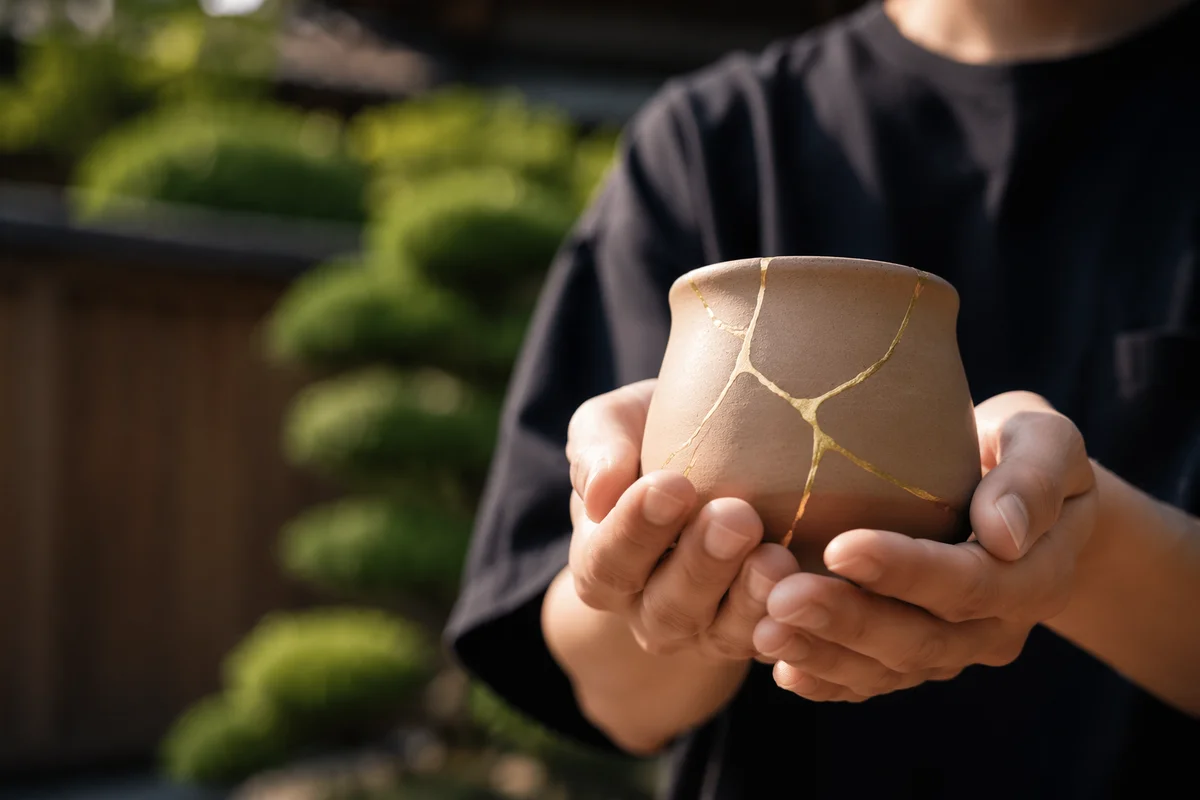 Hands Holding Restored Kintsugi Clay Vessel